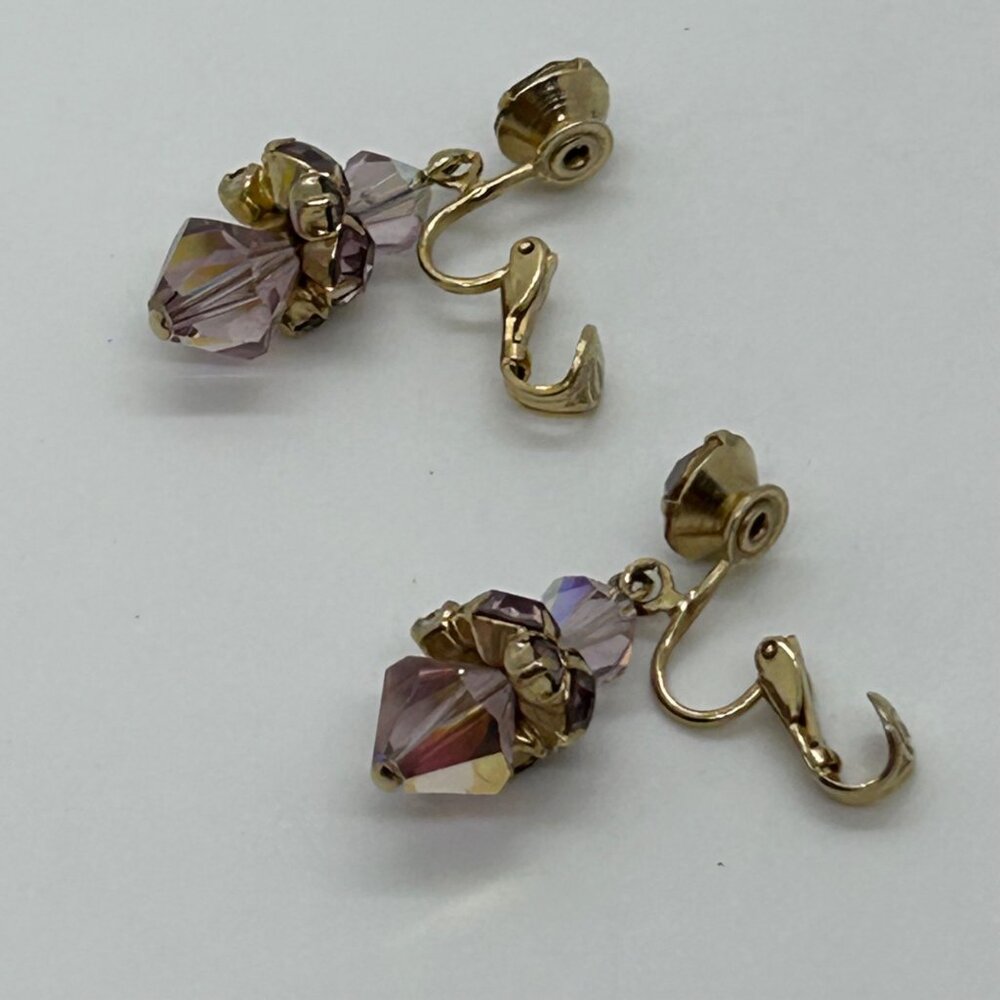 Vintage Aurora Borealis Dangle Earrings Crystal Pink Iridescent Faceted Goldtone - Picture 5 of 15